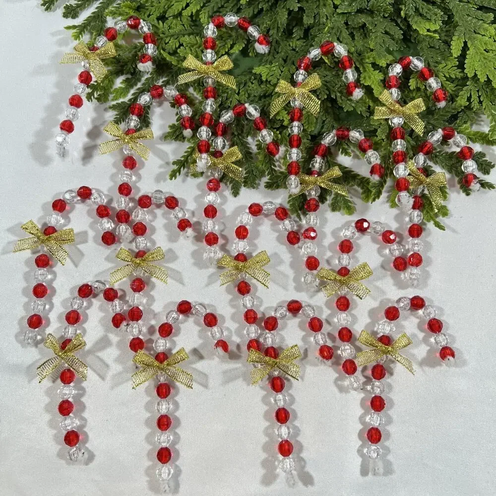 Vintage Beaded Candy Canes on Chenille Stems* Red w/ Modern Bows Set of 16